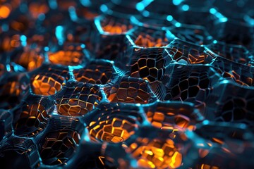 Fototapete - Detailed view of honeycomb surrounded by fiery orange flames, Glowing geometric grid, AI generated