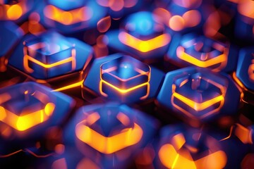 Fototapete - Abstract background with colorful squares, perfect for adding a pop of color to any project, Glowing geometric grid, AI generated