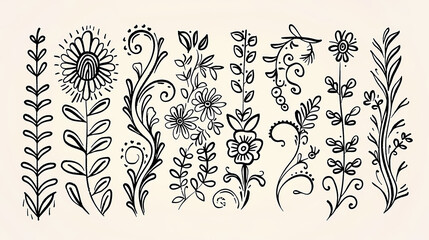 set of floral elements line art drawing illustration isolated on white background , swirls and embellishment doodles outline  