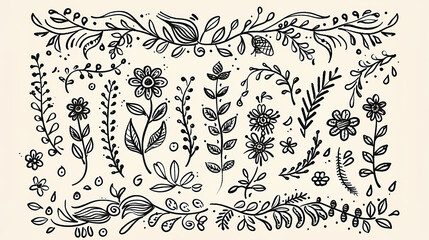 set of floral elements line art drawing illustration isolated on white background , swirls and embel