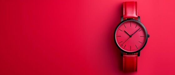 a red watch with a black face against a red background the clock face casts a shadow