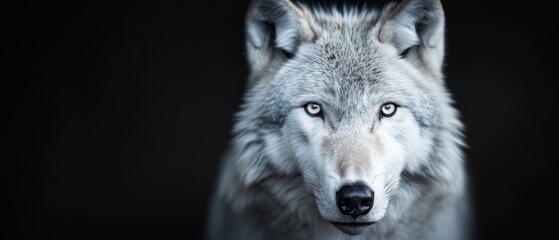 Wall Mural -  A wolf's face in sharp focus against a black backdrop, surrounded by a blurred wolf head image