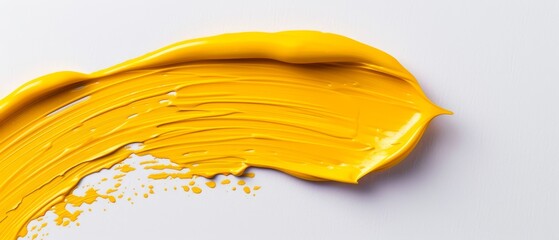 Wall Mural -  A tight shot of yellow paint smearing on a white canvas, with a droplet beading at its summit