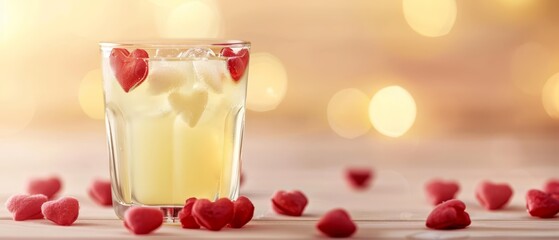 Wall Mural - a glass of lemonade with strawberries on the table Bokeh-effect highlights surround the straw