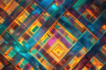 Poster - Vibrant squares in abstract arrangement, ideal for creating visually appealing backgrounds or designs, Glowing geometric grid, AI generated