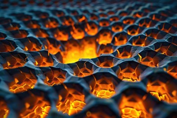 Poster - Close-up of honeycomb engulfed in orange flames, Glowing geometric grid, AI generated