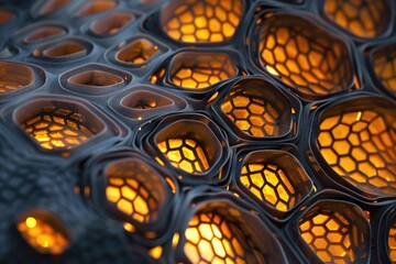 Poster - Close-up of honeycomb engulfed in orange flames, Glowing geometric grid, AI generated