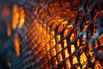 Poster - Close-up of honeycomb engulfed in orange flames, Glowing geometric grid, AI generated