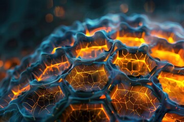 Poster - Honeycomb up close with vibrant orange flames in the background, Glowing geometric grid, AI generated