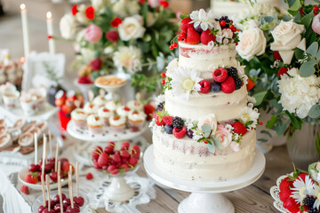 A wedding sweet table in a rustic style with a large three-tiered white cake with flowers and berries, cupcakes, lollipops and a lot of fresh flower