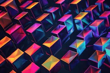 Poster - Colorful squares in abstract pattern, vibrant and eye-catching design for backgrounds or digital art, Glowing geometric grid, AI generated