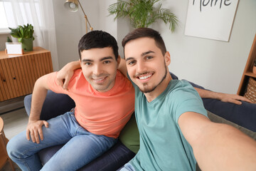 Poster - Handsome young brothers taking selfie in living room