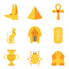 set of symbols of egyptian culture in cartoon style. vector illustration of various golden elements: