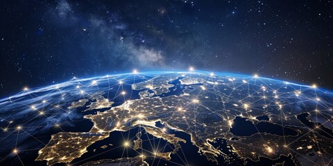 Wall Mural - glowing earth at night with city lights and stars in the dark blue sky