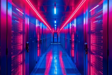 Poster - Futuristic Glowing Server Room With Pink And Blue Neon Lights