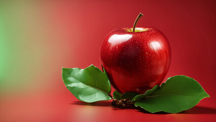 Wall Mural - A single, shiny red apple with two green leaves sits on a red surface against a green background.

