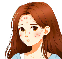 Vector illustration showing acne condition of teenage girl on white background.