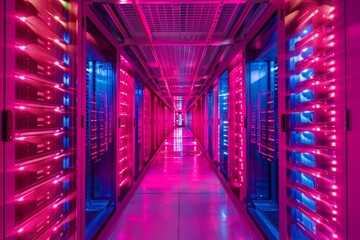 Aufkleber - Futuristic Glowing Pink and Blue Server Room with Rows of Computer Racks