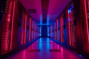 Poster - Futuristic Glowing Server Room With Pink And Blue Neon Lights