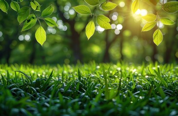 Wall Mural - Sunlit Grass Blades with Overhanging Leaves