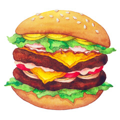 fresh fast food big burger meat meal double cheese beef hamburger sandwich cheeseburger american snack tomato bread bun delicious art illustration design watercolor painting white isolated background