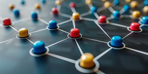 Abstract network connections with colorful nodes on a dark backdrop, symbolizing connectivity and technology. 
