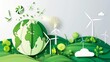 © Rosam - An illustration of a green globe with various clean energy sources on a white background, representing a sustainable future, Simplified flat paper art illustration of