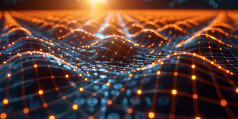 Abstract network connections with colorful nodes on a dark backdrop, symbolizing connectivity and technology. 