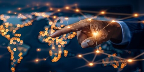Aufkleber - Glowing hand touching a glowing world map of connected lights