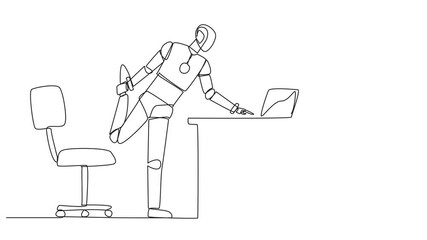 Poster - animation of single continuous line drawing robot standing with one leg raised and his hand typing o