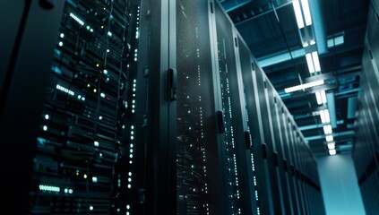 Poster - Rows of tall black server racks with blinking lights in a modern data center