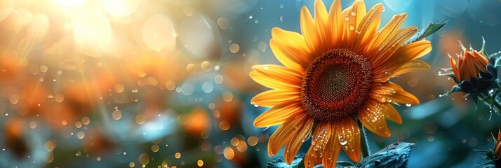 Wall Mural - Sunflower Bloom with Raindrops and Bokeh