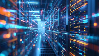 Poster - Futuristic glowing blue server room with bright lights and fast data transfer
