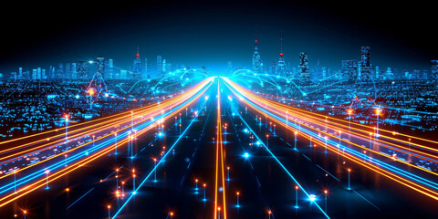 Abstract network connections with glowing dots and lines on a dark blue background, concept of digital technology, modern design template. 3D Rendering