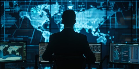 Poster - Man in suit looking at a digital world map on a large screen with multiple monitors in a dark room