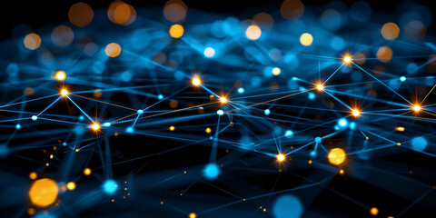 Abstract network connections with glowing dots and lines on a dark blue background, concept of digital technology, modern design template. 3D Rendering