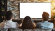 © Syahrul - Family with remote control sitting on couch and watching TV at home, Rear view, Blank white TV Screen