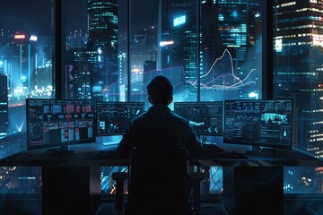 Aufkleber - Young male stock trader working at night in his office with a futuristic city view