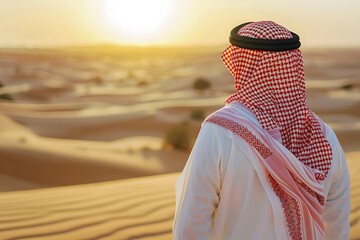Wall Mural - saudi gulf arab man wearing a traditional white thobe and red shemagh, standing in the desert during