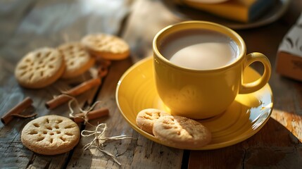 Wall Mural - Hot milk tea with biscuit drinking in a yellow cup on wooden table