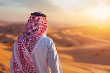 Wall Mural - saudi gulf arab man wearing a traditional white thobe and red shemagh, standing in the desert during