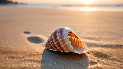 A close-up of a seashell on the sand on the beach in the back-light of sunset