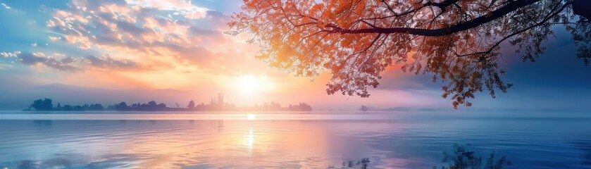 Wall Mural - Tranquil Sunrise Over a Misty Lake