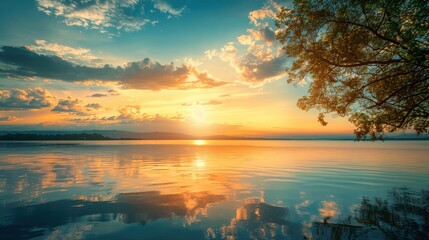 Wall Mural - Golden Hour Reflection on Still Lake