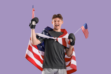 Sticker - Male boxer with USA flags and boxing gloves on lilac background