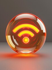 Poster - Glowing Wi-Fi signal symbol encased in a transparent spherical glass structure, set against a minimalist grey background.