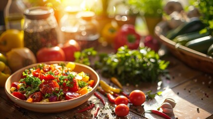 Wall Mural - healthy food cooked, mise en place, CHEF Table style, beautiful sunlight, healthy food ingredients in the background macro colorfull