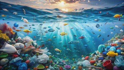 Global ocean pollution - microplastic in water. recycling concept plastic background. plastic fragments or particles in ocean. sing;e use plastics