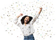 © kite_rin - Happy woman with confetti falling everywhere on her isolated transparent PNG, Birthday celebration party or New Year eve celebrating concept