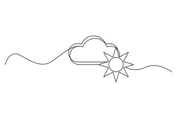 Poster - Cloud and sun icon. Minimalist weather symbol. Black line drawing. Vector illustration.